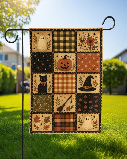 Halloween Patchwork Flag Plaid Pumpkin Yard Banner Spooky Season Lawn Decor
