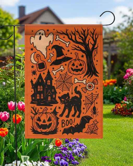 Vintage Halloween Garden Flag Spooky Cute Doodle Yard Banner Halloween Ghost Pumpkin Gift