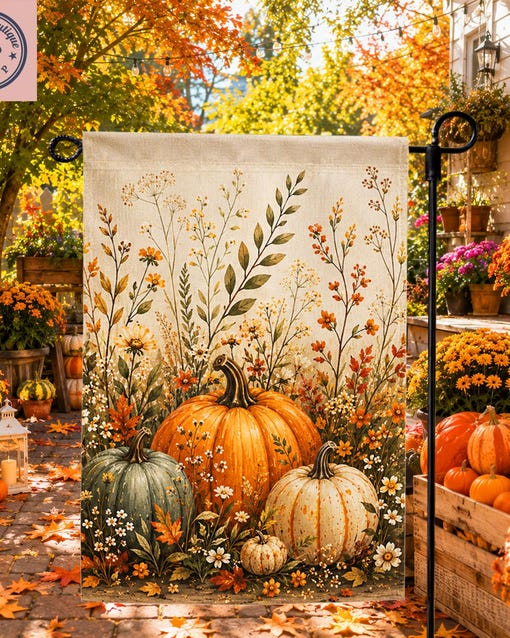 Fall Pumpkin Flag Autumn Botanical Yard Banner Cottagecore Porch Decor
