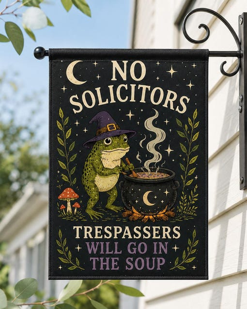 No Solicitors Witch Frog Garden Flag Spooky Witchcraft Banner Gift Ideas For Men