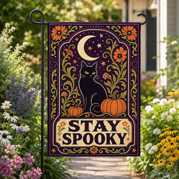 Stay Spooky Flag Vintage Black Cat Yard Banner Gothic Moon Spooky Season Outdoor Gift