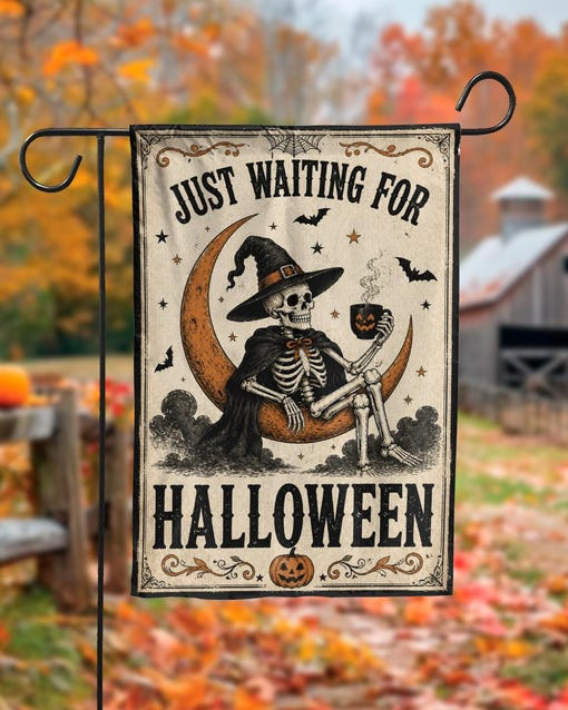 Waiting For Halloween Flag Vintage Skeleton Witch Banner Halloween Coffee Lover Decor