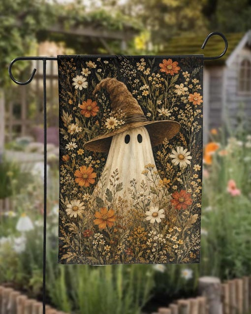 Floral Ghost Halloween Garden Flag Cute Witch Hat Yard Banner Dark Cottagecore Ghost Gift