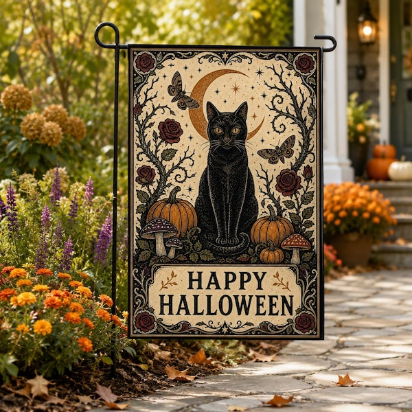 Happy Halloween Black Cat Garden Flag Spooky Season Banner Cute Spooky Cat Decor