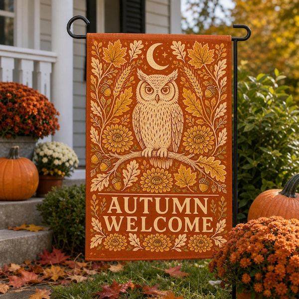 Autumn Welcome Owl Garden Flag, Rustic Thanksgiving Yard Banner Decor Gift