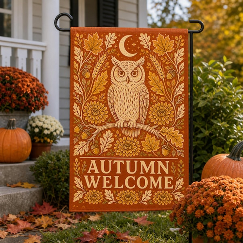 Autumn Welcome Owl Garden Flag, Rustic Thanksgiving Yard Banner Decor Gift