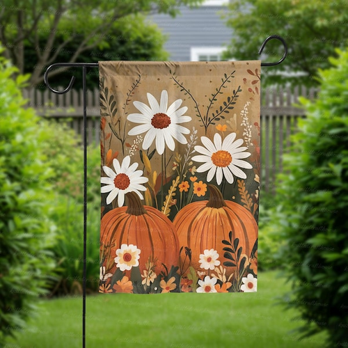 Boho Pumpkin Patch Garden Flag Autumn White Daisy Yard Banner Neutral Fall Colors Outdoor Gift