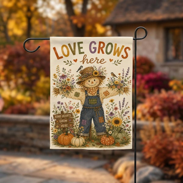 Love Grows Here Fall Garden Flag Scarecrow Autumn Yard Banner Thanksgiving Gift