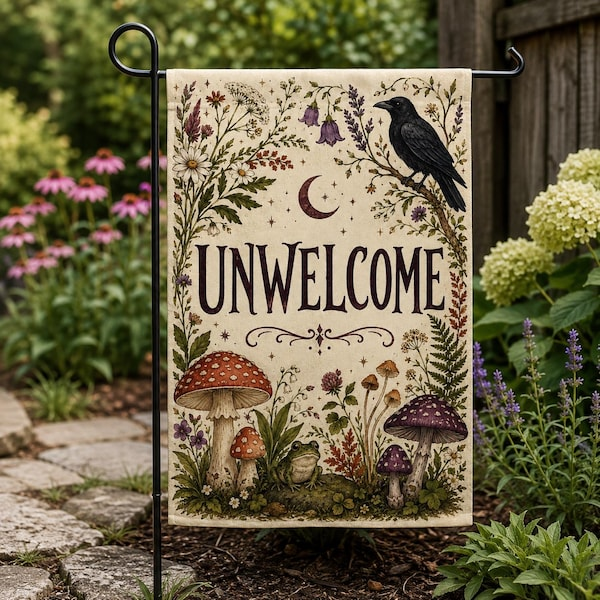 Unwelcome Flag Funny Cottagecore Yard Banner Goth Crow Mushroom Outdoor Gift