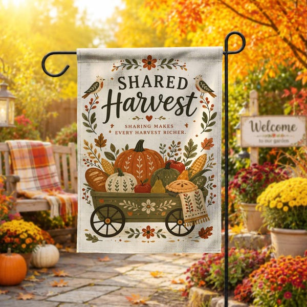 Shared Harvest Flag Autumn Thanksgiving Yard Banner Pumpkin Wagon Decor Gift