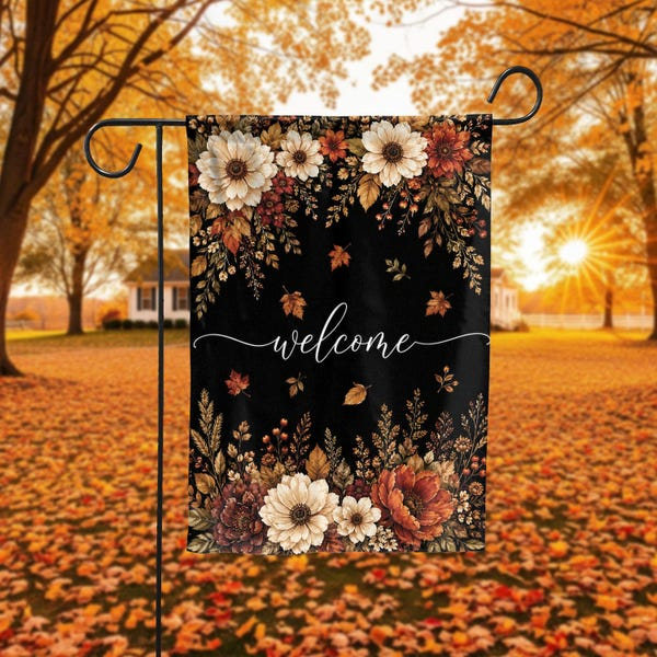 Welcome Fall Pumpkin Garden Flag Dark Botanical Autumn Yard Banner Fan Gift