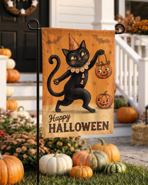 Vintage Black Cat Halloween Garden Flag Happy Halloween Banner Gift Ideas